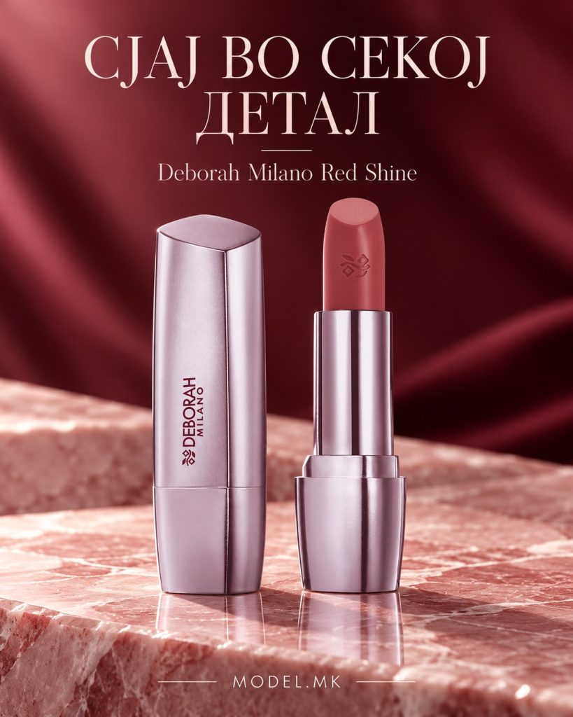 Deborah Milano Red Shine кармин во метално пакување со одделно капаче на розова камена подлога